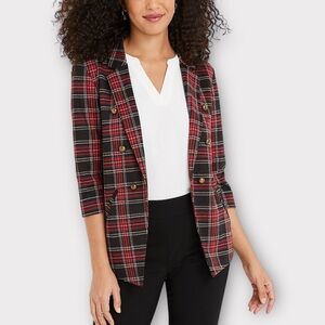 Maurices Tartan Plaid Blazer XXL Red Black Lightweight 3/4 Sleeve Office Career